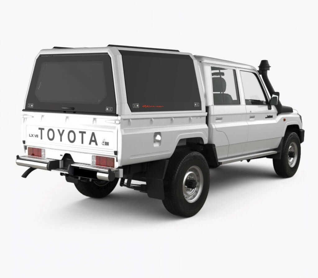 Toyota Land Cruiser serie 70 pick-up con hard top Rhinoman Xpedition e pannelli sollevati