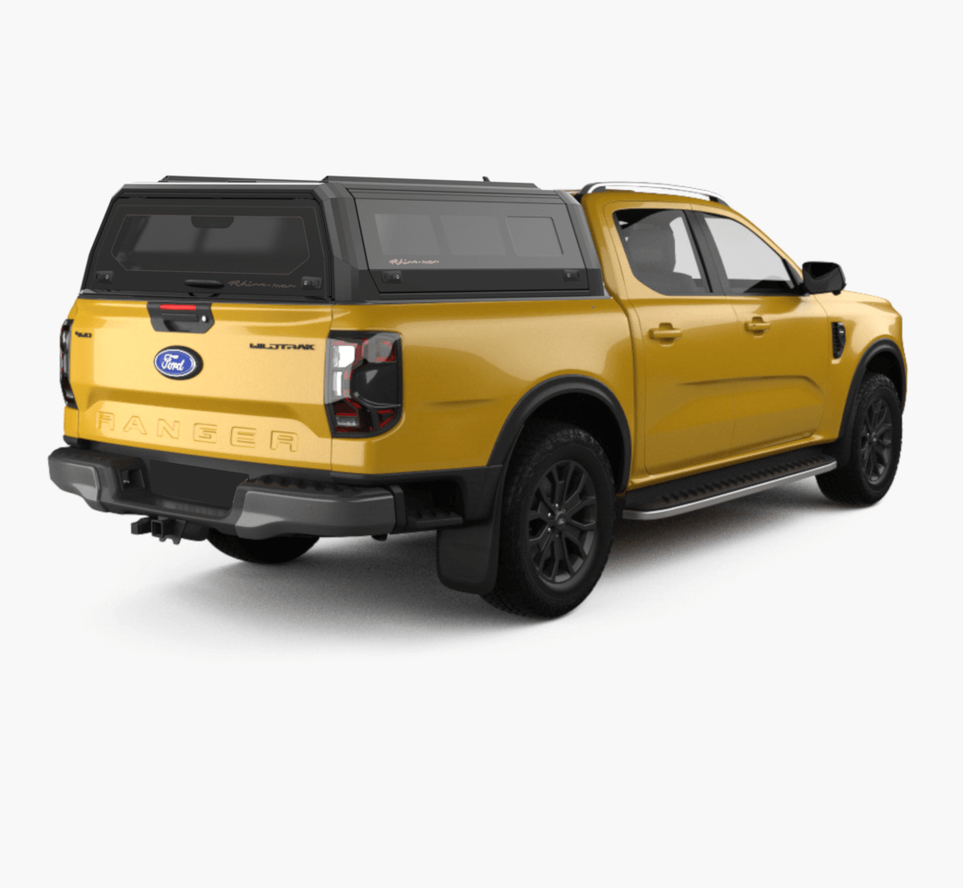 Ford Ranger giallo con hard top Rhinoman Xtreme in alluminio nero