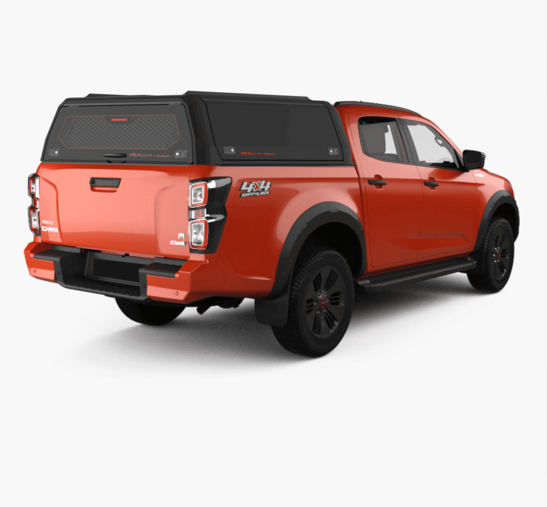 Isuzu D-Max arancione con hard top Rhinoman Xpedition nero
