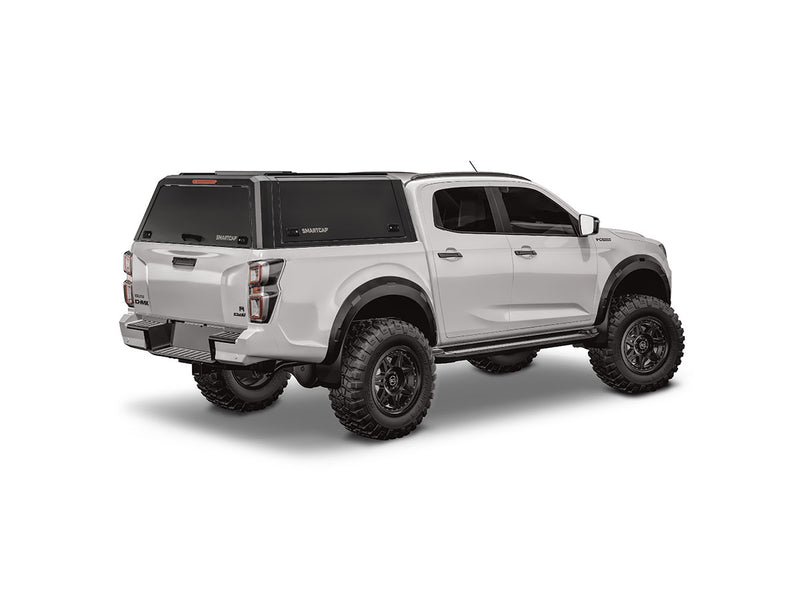 Hard top RSI SmartCap EVOd Defender per Isuzu D-Max 2020+ Double Cab, vista posteriore 3/4 lato destro su sfondo bianco
