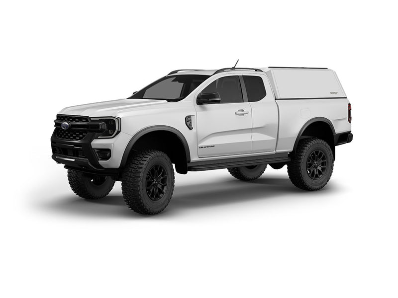 Hard top RSI SmartCap EVOh Hatchback per Ford Ranger 2023+ Extra Cab, vista anteriore 3/4 su sfondo bianco
